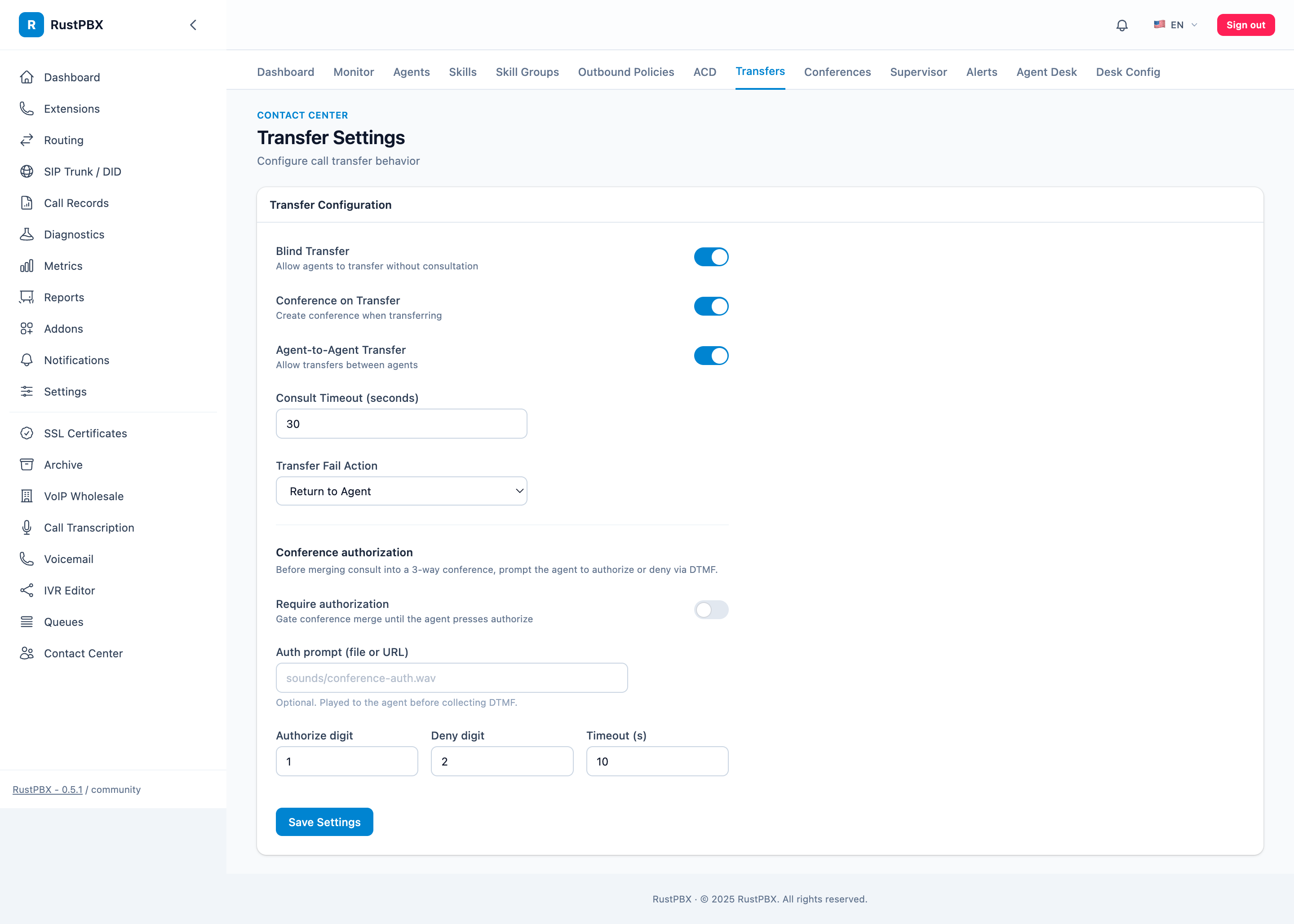Contact center transfer configuration